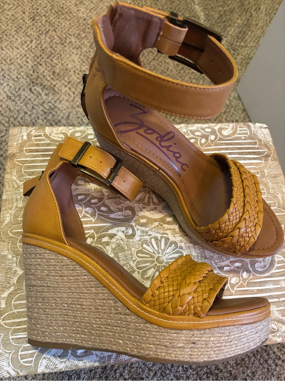 Zodiac Mustard Braided Ankle-Strap Wedge Sandals